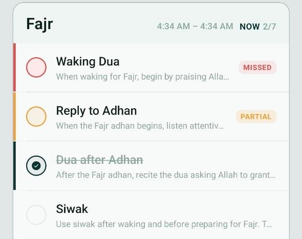 Fajr session list with Waking Dua marked missed, Reply to Adhan partial and Dua after Adhan done